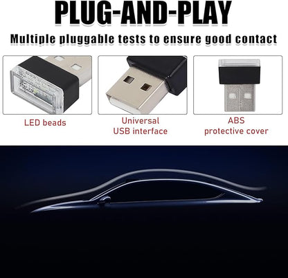 4 PCS USB LED Car Interior Atmosphere Lamp, Portable Mini LED Night Light, Plug-in USB Interface Trunk Ambient Lighting Kit, Universal Interior Car Accessories (Blue+Red+Ice Blue+White)
