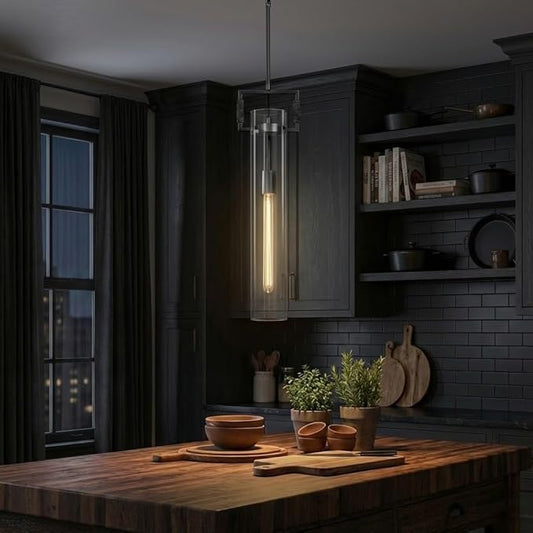 21.6'' Black Pendant Lights Kitchen Island, Modern Large Kitchen Pendant Lighting Over Island,Long Glass Pendant Light Fixtures for Dinning Room Bedroom Bathroom