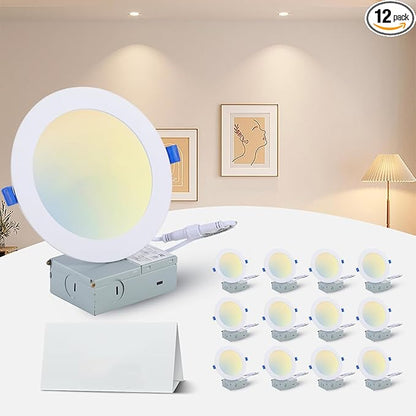 Simple Deluxe 12 Pack 6 Inch Ultra-Thin Recessed Ceiling Light with Junction Box,2700K-5000K 5CCT,1050LM 12W Eqv 110W Brightness Dimmable Canless Wafer Downlight ETL&FCC
