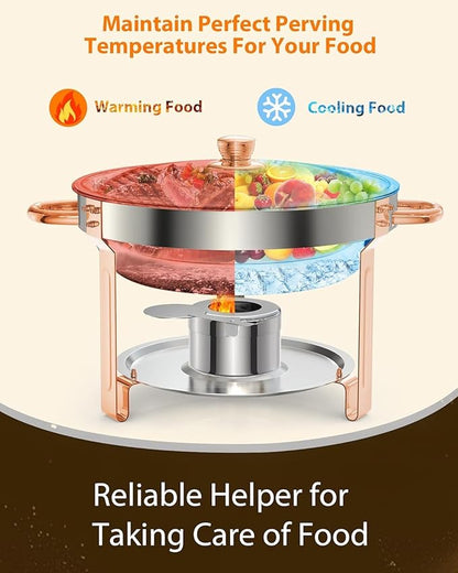 5QT 4 Packs Chafing Dish Buffet Set, Round Stainless Steel Chafers and Warmers Food Servers Sets with Lid & Lid Holder, Spoon & Tweezer for Catering Events Parties Weddings Dinners (Rose Gold, 4 Pack)