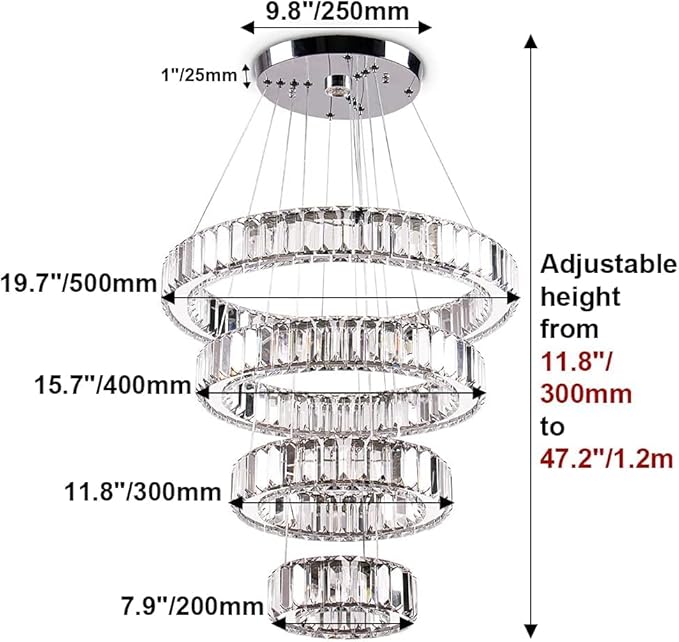 4 Rings LED Chandelier for Dining Room, Modern Crystal Chandelier Pendant Light High Ceiling Chandeliers for Bedroom Living Room Dining Room Warm White
