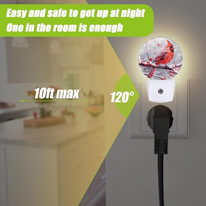 Red Cardinal Bird Night Light,Chrismas Snow Night Lights Plug into Wall for Kitchens Toilets Bedroom Decorative Half Round Nightlight Led Lamp 0.5W Sleep Friendly