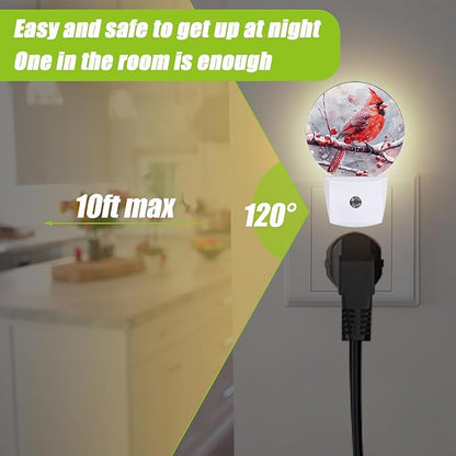 Red Cardinal Bird Night Light,Chrismas Snow Night Lights Plug into Wall for Kitchens Toilets Bedroom Decorative Half Round Nightlight Led Lamp 0.5W Sleep Friendly