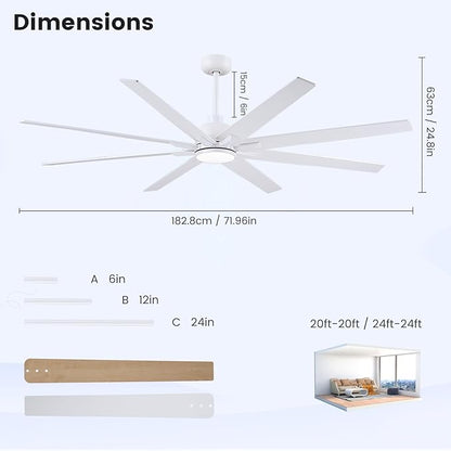 Newday Large Ceiling Fans with Lights, 72 Inch Ceiling Fan with Remote for Bedroom Living Room Kitchen Library Cafe Outdoor/Industrial Use,24W 3CCT 8 Blades 6 Speed Reversible Quiet DC Motor, White
