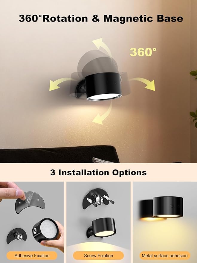 Smiling Shark Wireless Wall Lights, Rechargeable Wall Lights LED Set of 2 360° Rotate Magnetic 3 Color & 4 Brightness Stepless Dimming Adhesive Rechargeable Wall Sconces for Bedroom Bedside, Black