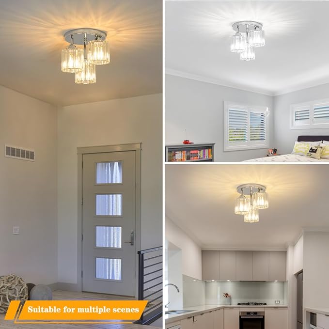 Lxybcce Crystal Ceiling Light Fixture, Chrome Semi Flush Mount Ceiling Light Fixture, 3-Light Hallway Lighting with Clear Crystal Shades for Kitchen Entryway Bedroom Bathroom Foyer, E26