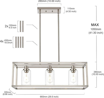 MELUCEE Rectangle Chandeliers for Dining Room Brushed Nickel Finish 3-Light Kitchen Island Lighting Modern Light Fixtures Ceiling Hanging for Hallway Living Room, Clear Glass Lampshade