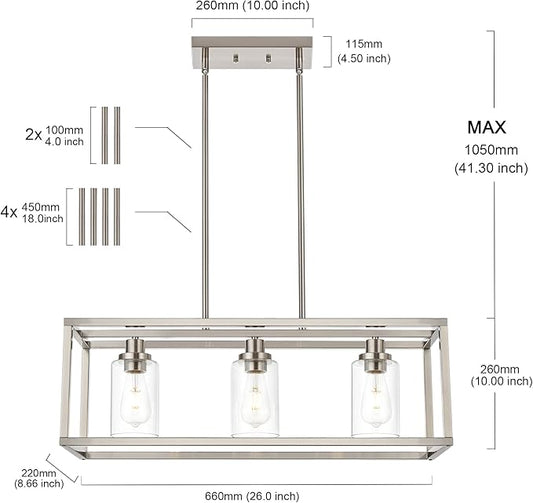 MELUCEE Rectangle Chandeliers for Dining Room Brushed Nickel Finish 3-Light Kitchen Island Lighting Modern Light Fixtures Ceiling Hanging for Hallway Living Room, Clear Glass Lampshade