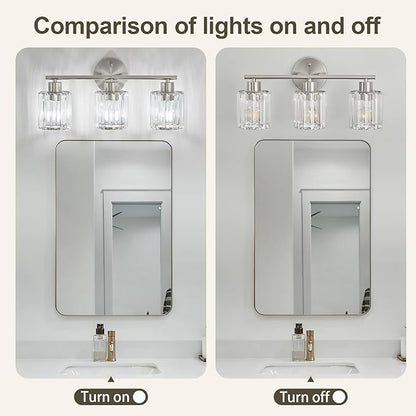 Crystal Bathroom Light Fixtures, Bathroom Lighting Fixtures Over Mirror, Modern 3-Light Brushed Nickel Vanity Lights for Mirror, Restroom, Kitchen(Ceramic E26 Socket,Bulbs Not Include)