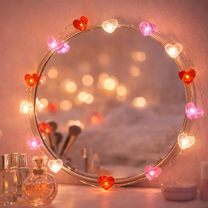 BOHON Valentine Day Decorations, 13 ft 40 LEDs Heart Lights String, Red White Pink Fairy String Lights Battery Operated, Valentines Decor for The Home Galentines Day Indoor Garland Party with Timer