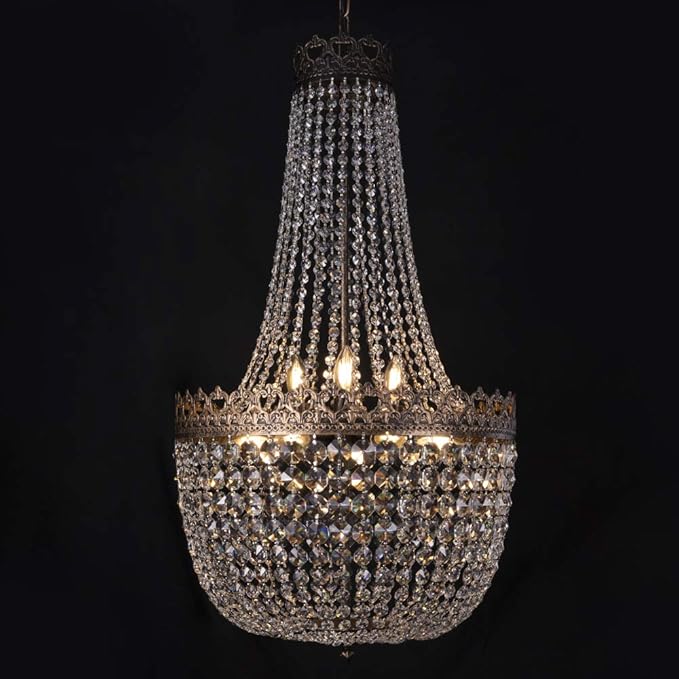 Wellmet Crystal Chandelier Lights, 9 Lights French Empire Chandelier Lighting High Ceiling Hanging Pendant Light Fixture for Dining Living Room Foyer Kitchen Bedroom, Antique Bronze 19.69'' W
