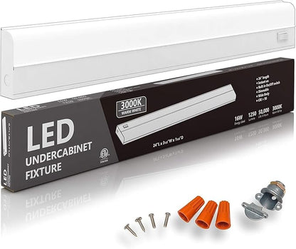 6 Pack Hardwired LED Under Cabinet Lighting - 16 Watt, 24", Dimmable, UnderCRI>90, 3000K (Warm White), Wide Body, Long Lasting Metal Base with Frost Lens