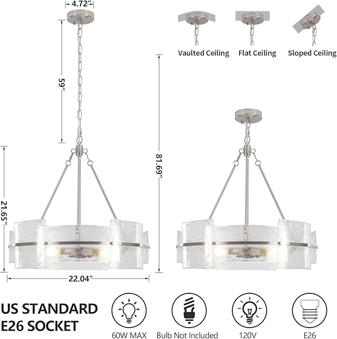 Modern Glass Dining Room Chandelier, 22 inch Brushed Nickel Drum Kitchen Island Light Fixture Luxury Textured Glass Water Ripple Crystal Chandeliers for Living Room Foyer Bedroom