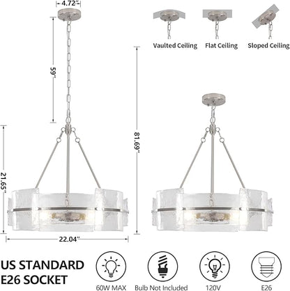Modern Glass Dining Room Chandelier, 22 inch Brushed Nickel Drum Kitchen Island Light Fixture Luxury Textured Glass Water Ripple Crystal Chandeliers for Living Room Foyer Bedroom