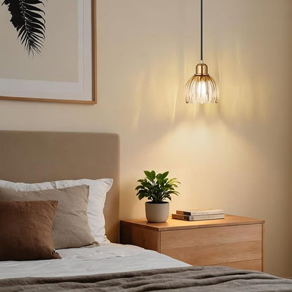 TALOYA Pendant Light 3 Pack with Amber Tulip Glass Lmapshade, Brass Vintage Pendant Light Adjustable Hanging Light for Kitchen Island Bedroom Dining Room Hallway& Bar