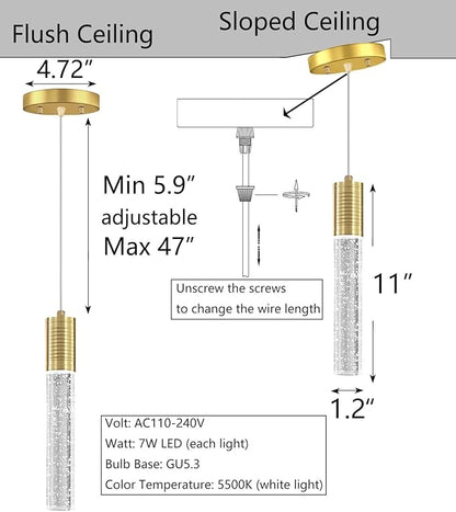 HAIXIANG 4 Pcaks Pendant Lights for Kitchen Island, White Light, Gold Crystal Linear Pendant Lighting, Bar Corner LED Light Fixture