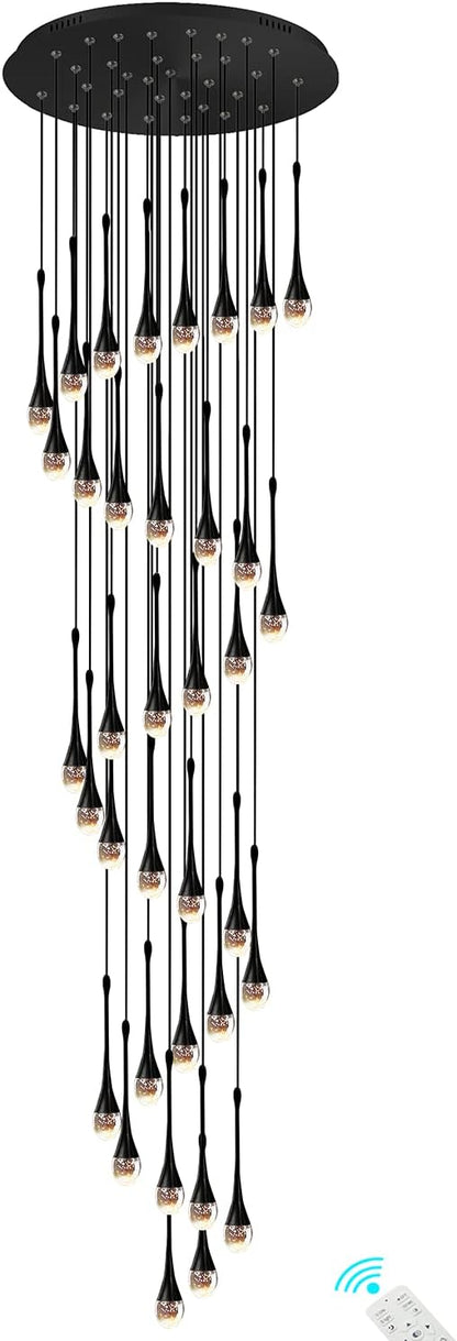 ykolupty H150'' High Ceiling Chandeliers for Entryway 36-Lights Black Spiral Crystal Chandelier Modern Raindrop Chandeliers for Villa Staircase,Hanging Light Fixtures for High Ceiling