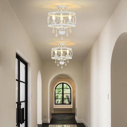 3-Light Modern White Crystal Chandelier, Farmhouse Ceiling Light Fixture, Hanging Metal Pendant Lights Kitchen Island Dining Room Entryway Foyer
