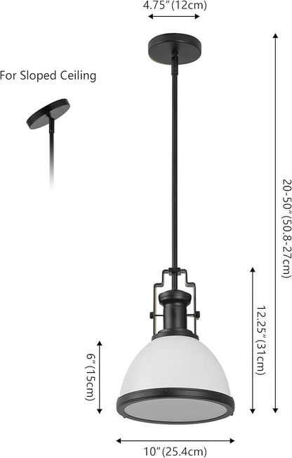 JONATHAN Y 10" Matte Black/White Modern Industrial Iron LED Dome Pendant Light, Adjustable Hanging Fixture for Kitchen Island or Entryway, White Metal Shade, LED Bulb Included (JYL9535E)