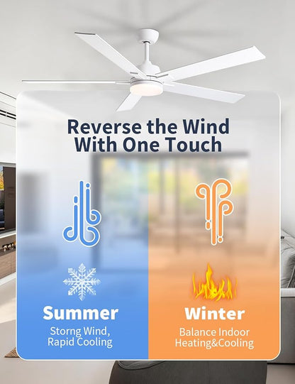 Rayqueen 60 Inch Ceiling Fans with Lights and Remote, 6 Speed Reversible DC Motor, 3CCT Dimmable LED, 5 Blades, White Modern Ceiling Fan for Bedroom, Living Room & Covered Outdoor, Includes Downrod