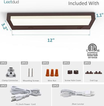 Leetdud LED Under Cabinet Lighting Hardwired or Plug in, 12 Inch 6W, Dimmable 5 Color 2700K/3000K/3500K/4000K/5000K, Linkable Eyes Care Design Counter Lights for Kitchen, Sink, ETL Listed, Bronze