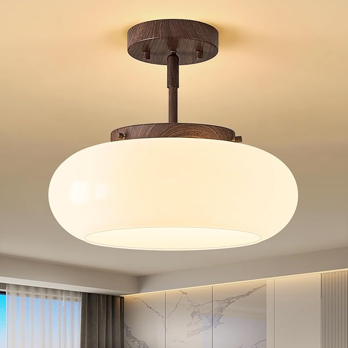 WOKNOS Mid-Century Modern Faux Walnut Wood Semi Flush Mount Ceiling Light, 3-Light Kitchen Light Fixtures with Glass Shade for Entryway Hallway Bathroom Bedroom (12.6 Inch)