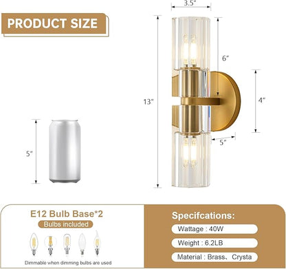Crystal Wall Sconces Set of Two, 13" Modern Brass Sconces Lighting with K9 Crystal Lampshade,Indoor Wall Sconce Bedroom Wall Light Fixtures for Living Room Bathroom Hallway Stairs Entryway