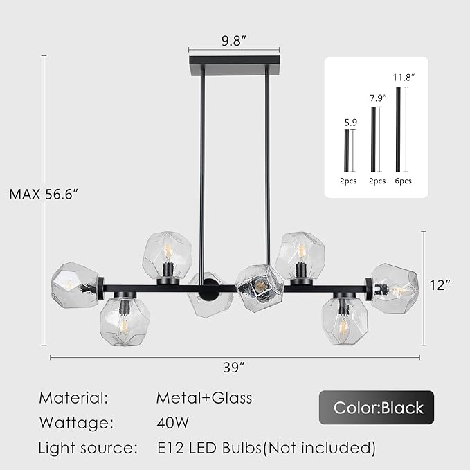 Jonsi Modern Linear Chandeliers 8 Light Clear Glass Dining Room Light Fixture 39"" Black Mid Century Chandelier Pendant Light for Living Room Kitchen Island