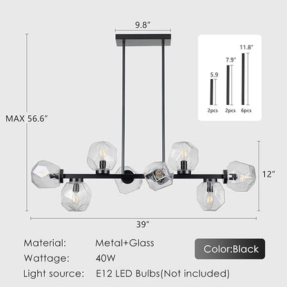 Jonsi Modern Linear Chandeliers 8 Light Clear Glass Dining Room Light Fixture 39"" Black Mid Century Chandelier Pendant Light for Living Room Kitchen Island