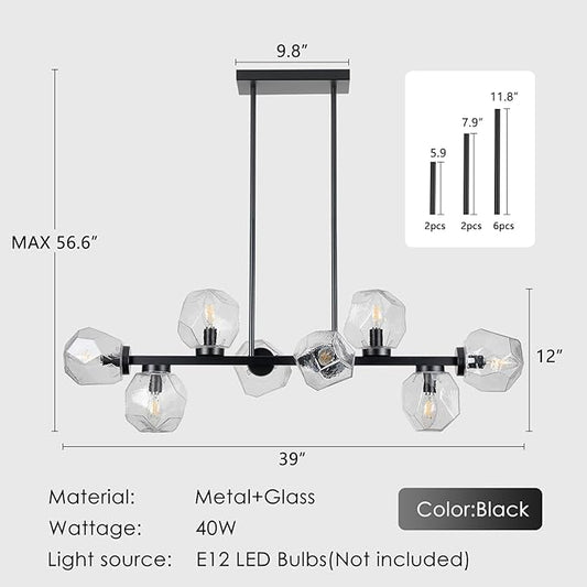 Jonsi Modern Linear Chandeliers 8 Light Clear Glass Dining Room Light Fixture 39"" Black Mid Century Chandelier Pendant Light for Living Room Kitchen Island
