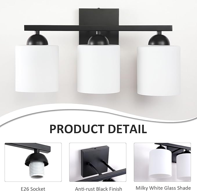 3-Light Matte Black Bathroom Vanity Light, Modern Bathroom Light Fixtures Over Mirror, Farmhouse Wall Sconce with Milky White Glass Shades, E26 Socket