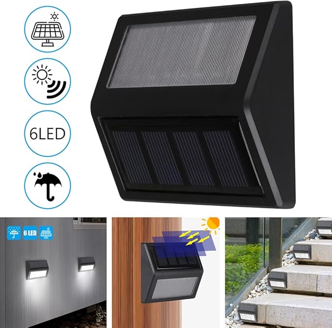 SRDHIN Solar Fence Lights Outdoor,Waterproof Solar Stair Step Deck Lights Wireless for Patio Garden Backyard Garage Driveway ﻿ (Cool White, 6-Pack)