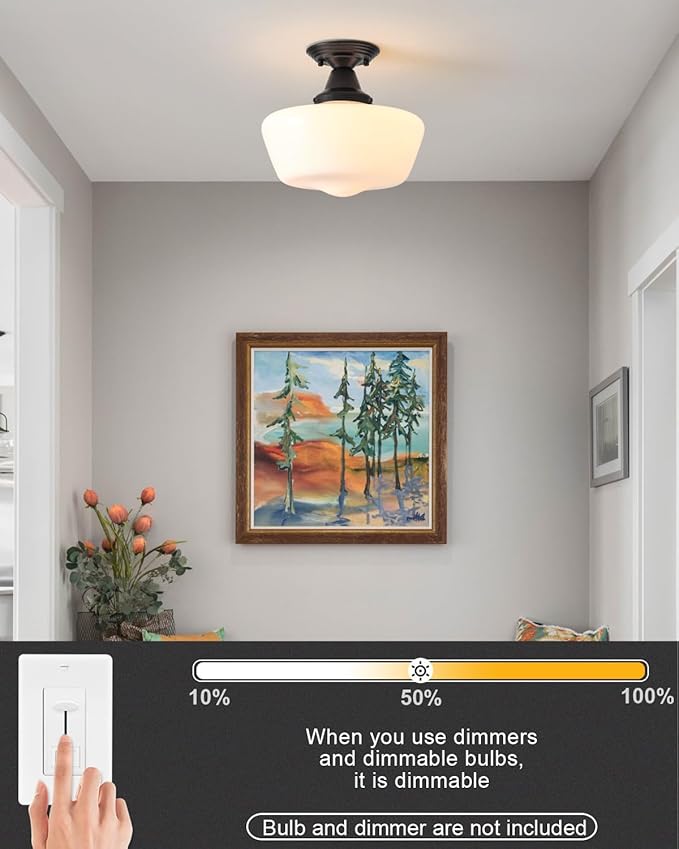 Schoolhouse Light Fixture, 12 Inch Black Finish with Milk Glass Semi Flush Mount Ceiling Light, Ceiling Light Fixture for Kitchen Hallway Entryway