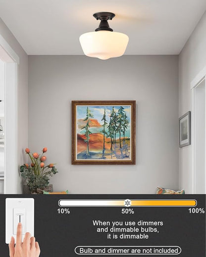 Schoolhouse Light Fixture, 12 Inch Black Finish with Milk Glass Semi Flush Mount Ceiling Light, Ceiling Light Fixture for Kitchen Hallway Entryway