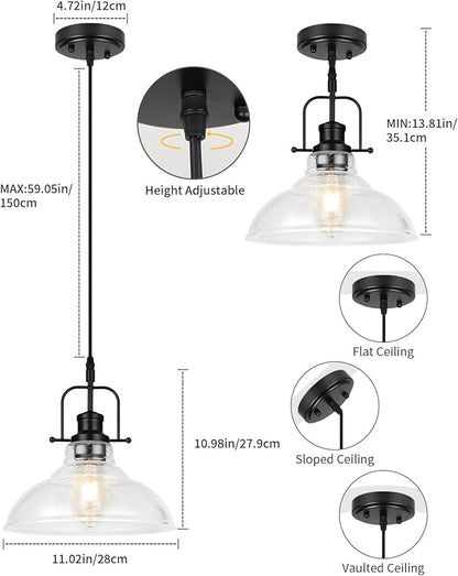 WILON Seeded Glass Pendant Lights Kitchen Island Lighting, Black Modern Farmhouse Pendant Light Fixture with E26 Base, Vintage Hanging Ceiling Lamp for Kitchen Sink Hallway Dining Room Entry Hall