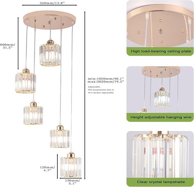 Crystal Pendant Lights Chandeliers for High Ceilings Modern Crystal Chandeliers Hanging Light Fixture Raindrop Drop Lamp for Dining Room Foyer Living Room Entryway Gold 5 Lights