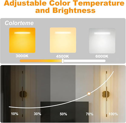 Rechargeable Wall Sconce Set of 2, 35Hrs+ Battery Operated Wall Lights, Wireless Wall Sconce with Remote, 360° Rotatable, Dimmable 3 Color LED Cordless Wall Sconce for Bedroom, Living Room, 27in Gold