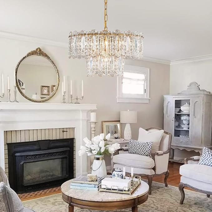 AGV LIGHTING Elegant Glass Chandelier Light Fixture, Modern Vintage Pendant Chandelier Lighting for Dining Room, D18 x H10, 2- Tier Shade & Brass Gold Finish