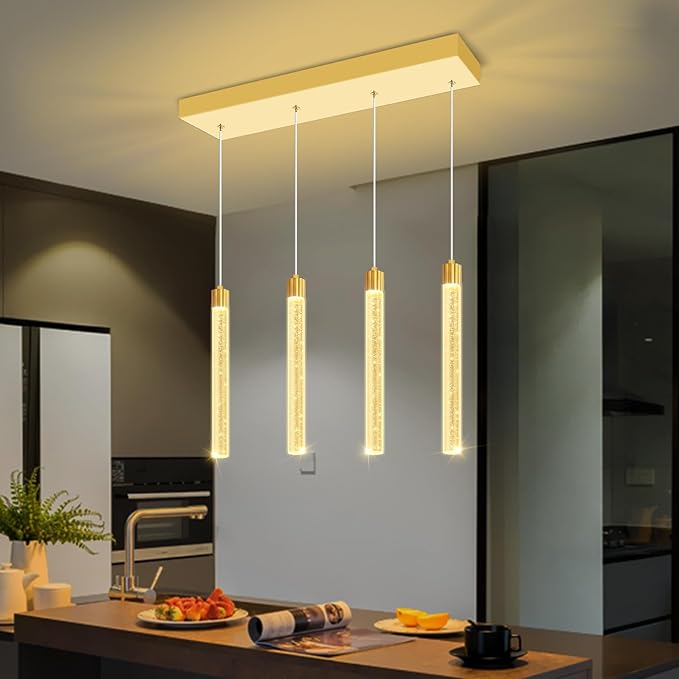 Modern Crystal Column Chandelier for Living Room Dining Room 4-Lights Gold Dimmable LED Adjustable Height Hanging Pendant Light for Kitchen Island,Bedroom,Over Table,