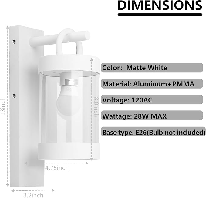 Porch Light White Dusk to Dawn Outdoor Wall Light, 13in Large Exterior Lighting Fixture for House Garage Front Door, Waterproof Outside Hanging Lamp E26 Wall Mount Lantern (Bulb Not Included)