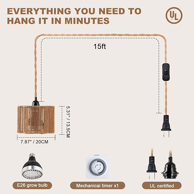 Grow Lights for Indoor Plants, Full Spectrum Plants Light, with Timer and 15FT Power Cord, 30W Pendant Plant Lights for Indoor Growing, Garden, Flowers, Greenhouse (4000k, Weaving Style-5)