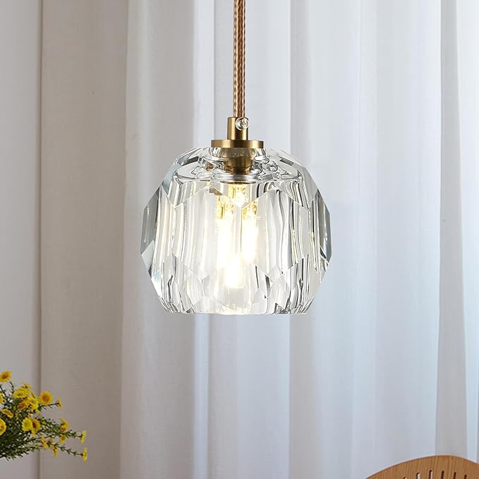 Modern Small Chandelier Light Fixture, Brass 1 Light Hanging Lights, Raindrop Clear Crystal Pendant Lighting for Kitchen Island Living Room Entryway Bedroom Dining Room