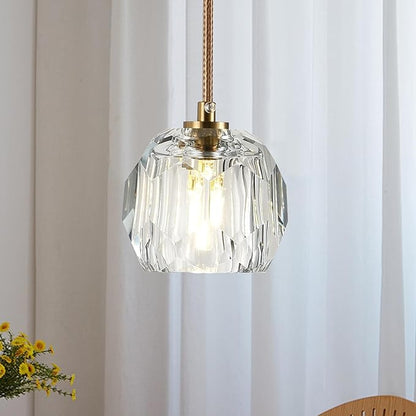Modern Small Chandelier Light Fixture, Brass 1 Light Hanging Lights, Raindrop Clear Crystal Pendant Lighting for Kitchen Island Living Room Entryway Bedroom Dining Room