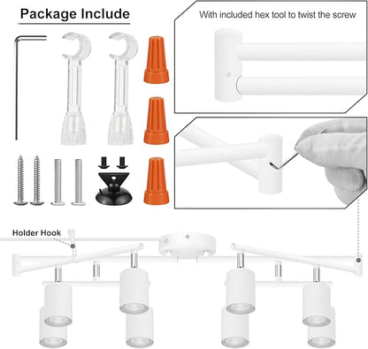 Track Lighting Plug in, LED Track Lighting Fixtures Ceiling Kit, White 8-Light Ceiling Light Plug-in, Wall Light with 15ft Power Cord, Rotatable Kitchen Spotlight for Bedroom(GU10 Socket, NO Bulb)