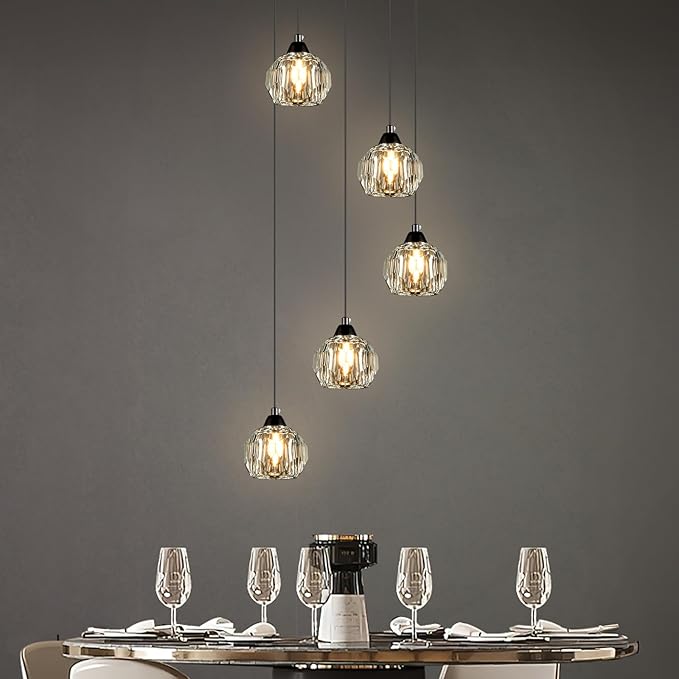 Weesalife Crystal Chandeliers for Dining Room Lights Fixture Over Table, 5-Light Black Modern Pendant Light Fixture，Crystal Chandeliers for Living Room Kitchen Island Staircases Foyer Hallway Bar