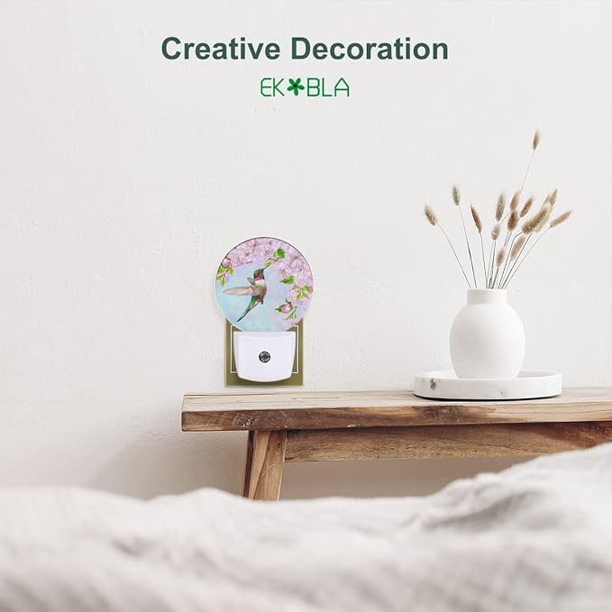 EKOBLA Hummingbird Plug-in Night Light, Spring Bird & Cherry Blossom LED Nightlight with Auto On/Off Sensor for Kids, Seniors & Bedroom Decor