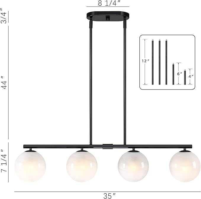 Mid Century Globe Sputnik Chandelier Black Island Light Linear Chandelier Milky Art Glass Shade Globe Pendant Light Fixture for Bedroom Living Room Hallway Dining Room Kitchen T720604L-BK