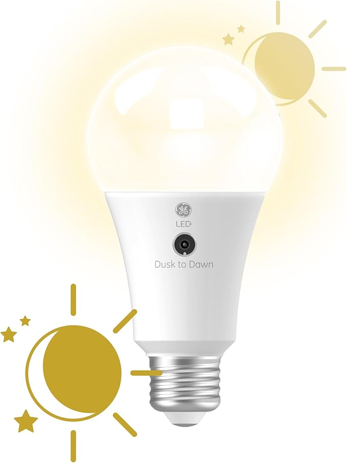 GE LED+ A19 Dusk to Dawn LED Light Bulbs, Automatic On/Off Outdoor Security Light, Soft White (8 Pack)