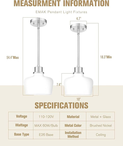 Emak Brushed Nickel Pendant Light Fixtures, Modern Pendant Lights Kitchen Island with Milk Glass Shade, 10 Inch Large Island Lights for Kitchen, Dining Room, Bathroom, PL126-BN-ML