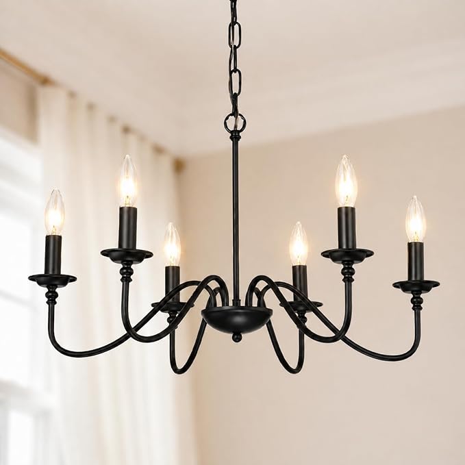 Farmhouse Black Chandelier 6-Light Candle Style Rustic Chandelier, Industrial Metal French Country Ceiling Light Fixture for Dining Room, Kitchen Island, Living Room, Bedroom, Entryway, Foyer
